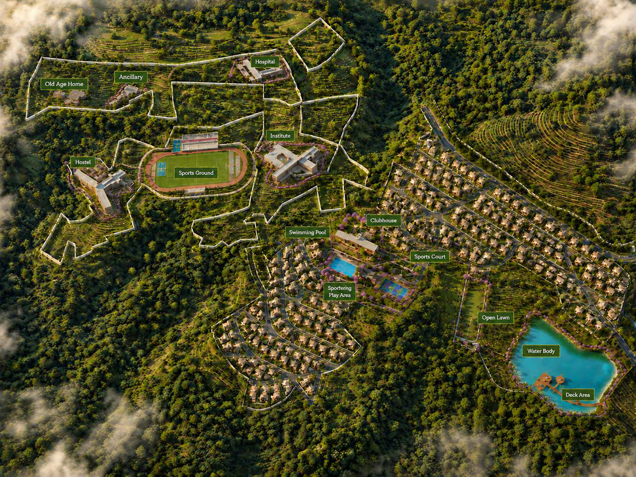 Club Deeper campus master plan with education, residential and social zones